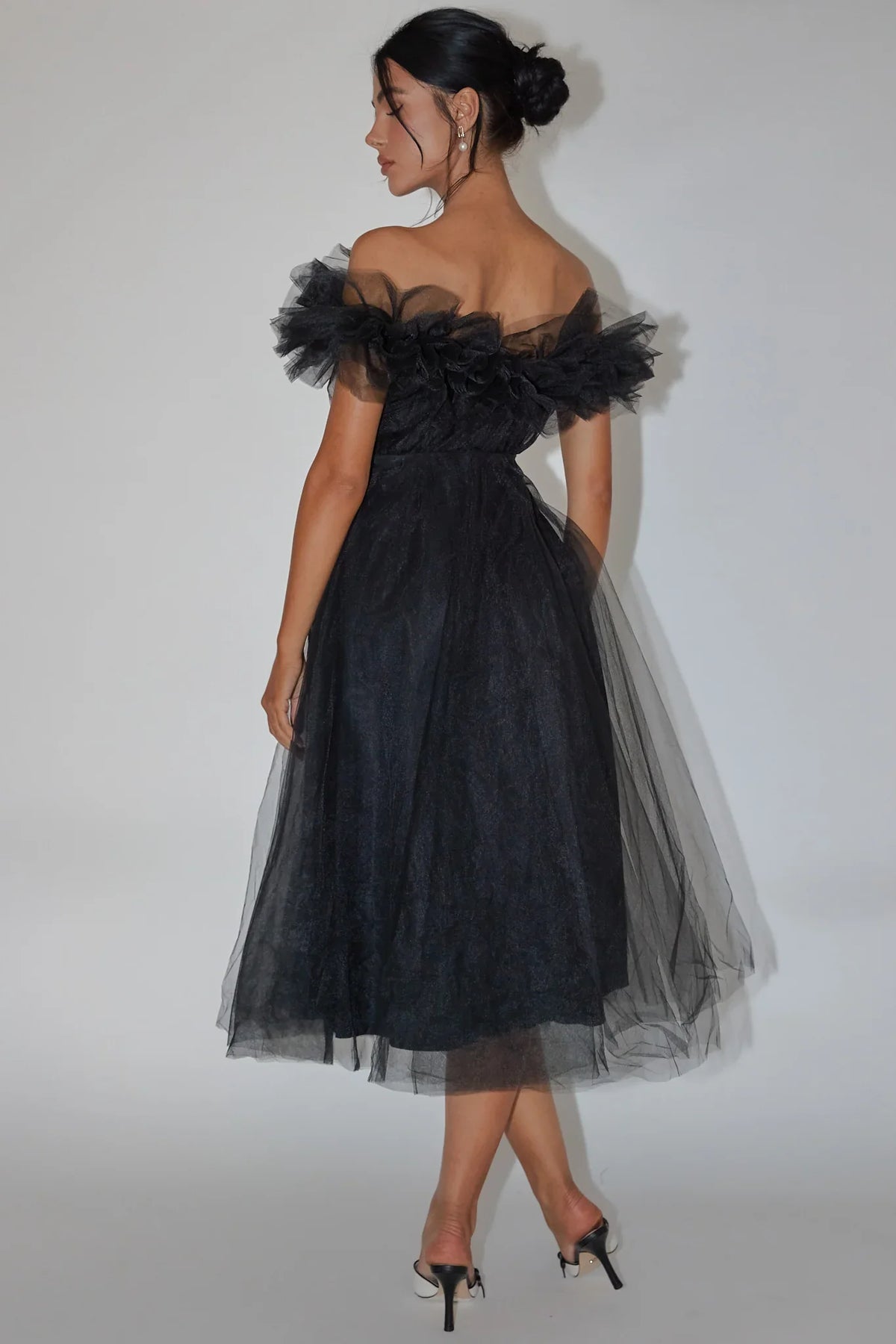 May Rose Off-Shoulder Tulle Midi Dress Black