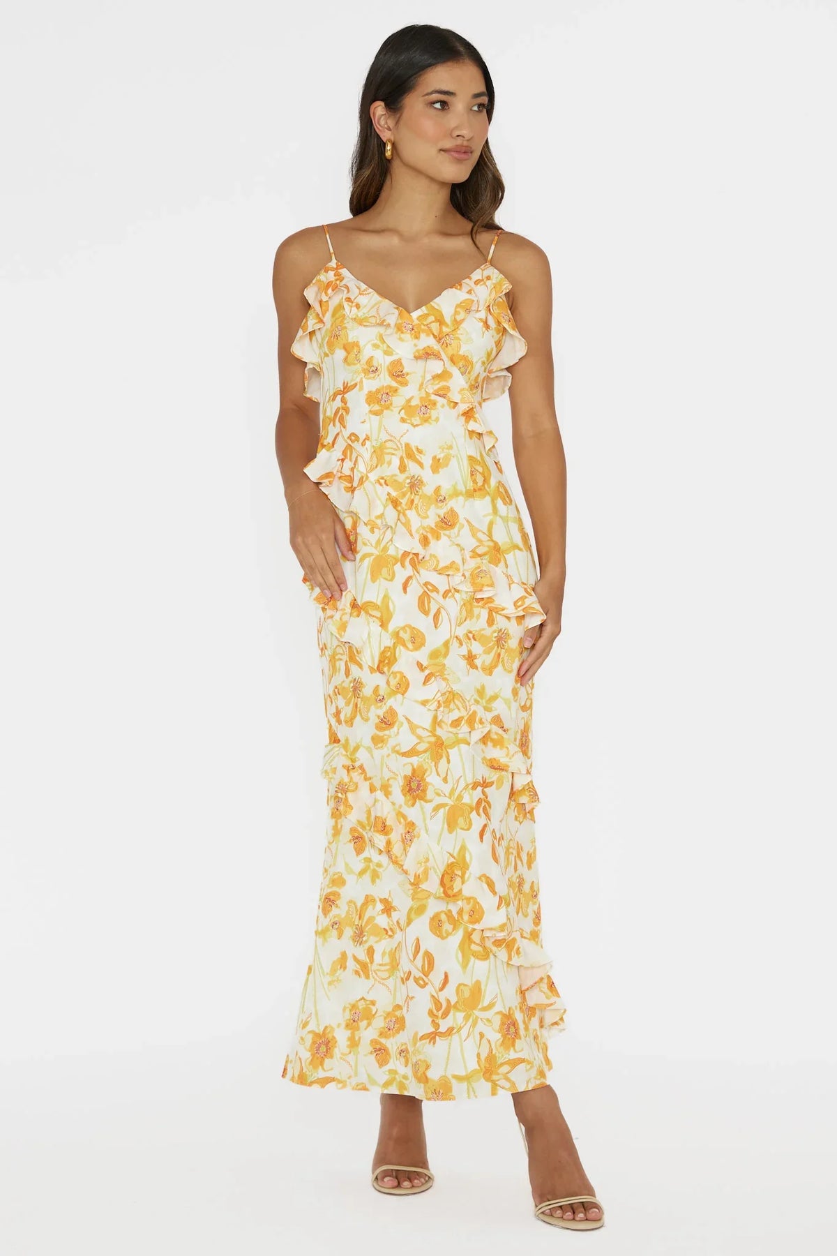 Silvana Frill Trim Midi Dress Floral Orange
