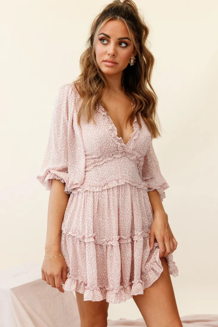 Laney Cutout Back Balloon Sleeve Dress Speckle Print Pink