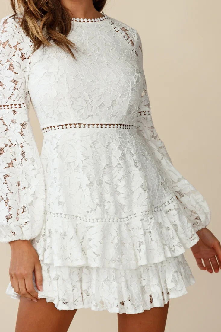 Henrietta Lace Overlay Long Sleeve Ruffle Dress White