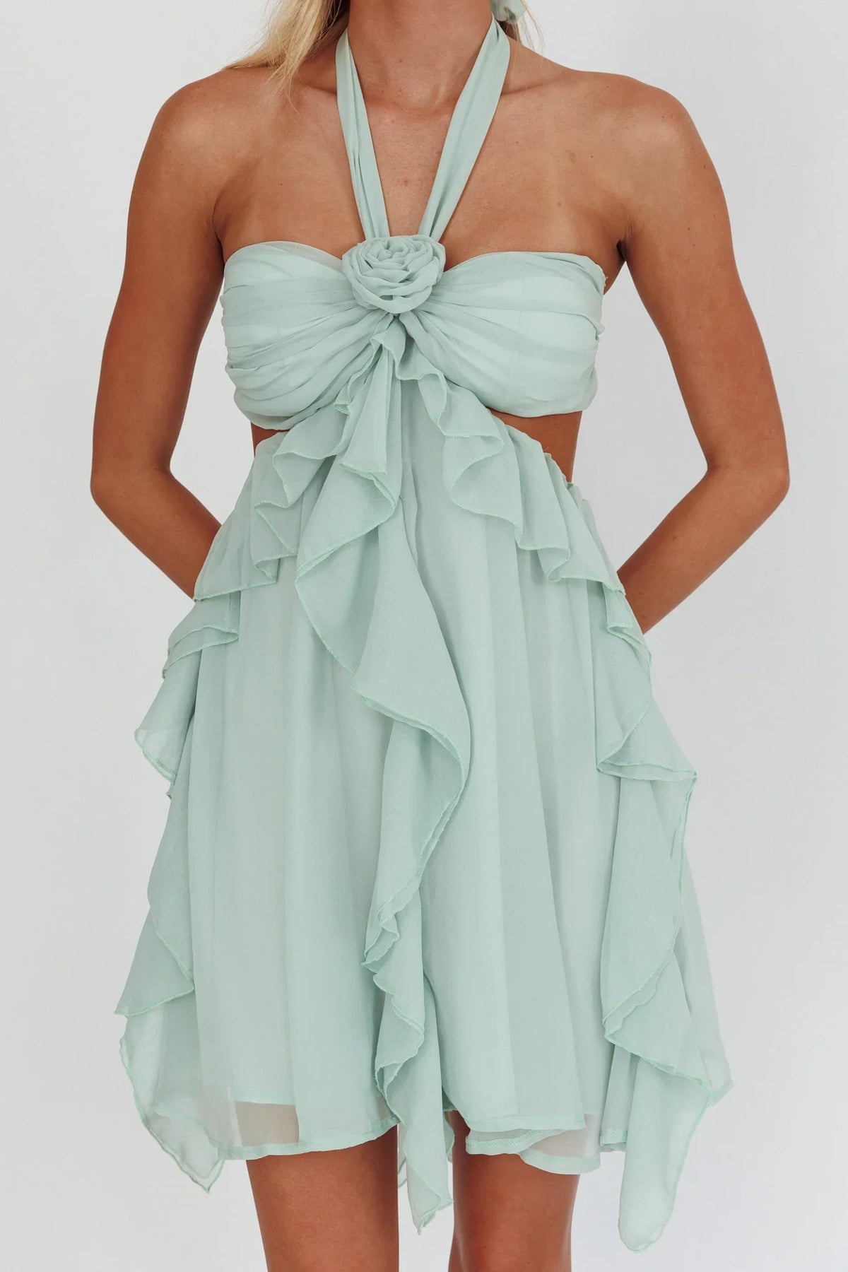 Santiago Cut-Out Ruffle Mini Dress Sage