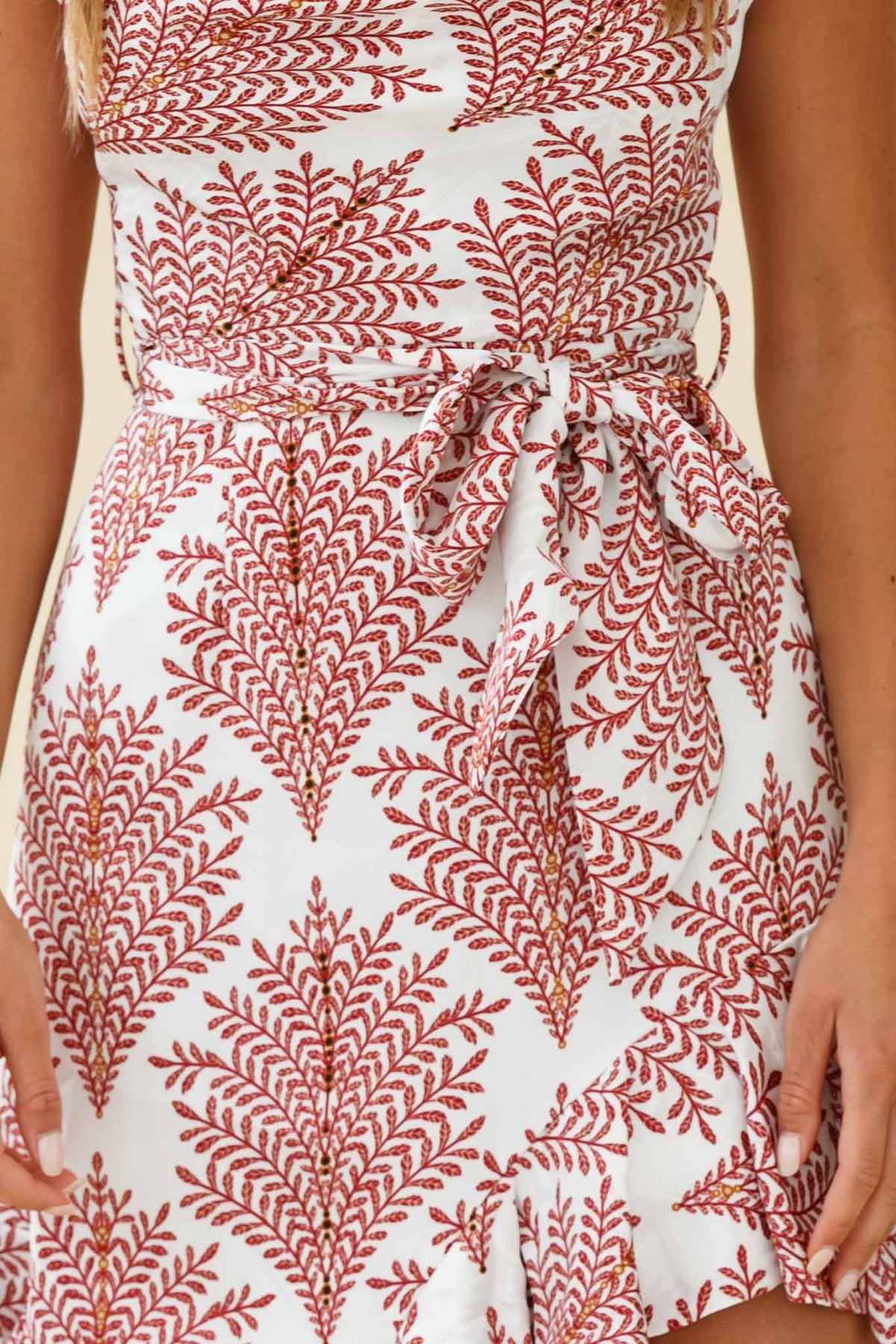 On The Prowl Cowl Neck Asymmetrical Hem Dress Leaf Print White