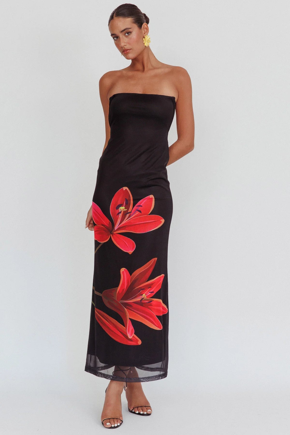 Iridian Strapless Floral Maxi Dress Black