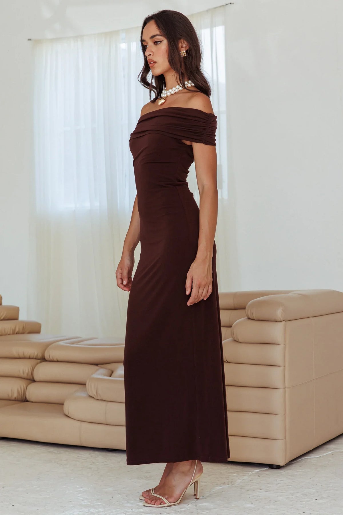 Cruising Sunset Off Shoulder Dress Chocolate