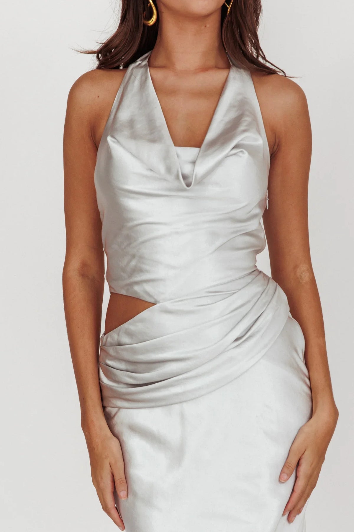 Cassiopeia Cowl Halter Neck Cut Out Maxi Dress Opal
