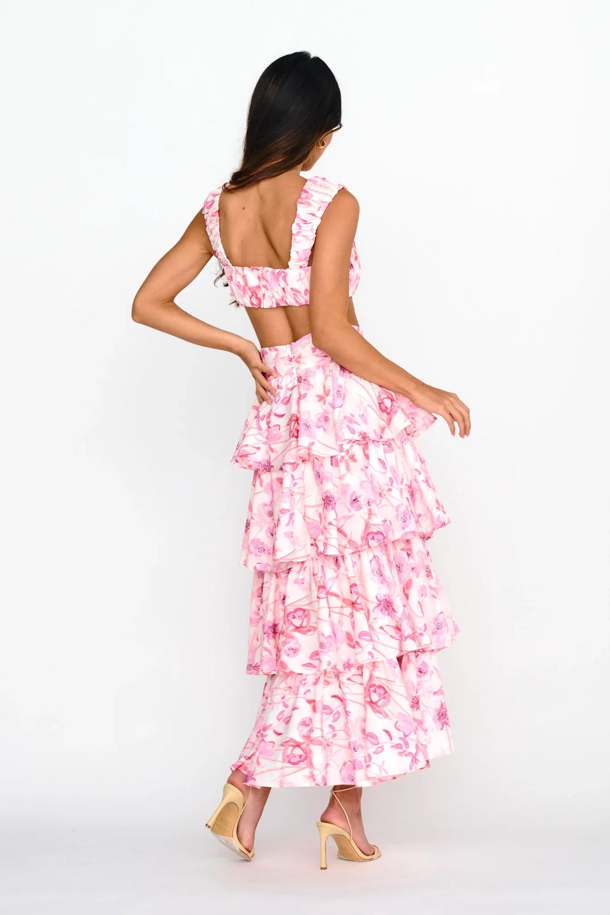 Suenito Tiered Frill Maxi Skirt Floral Pink