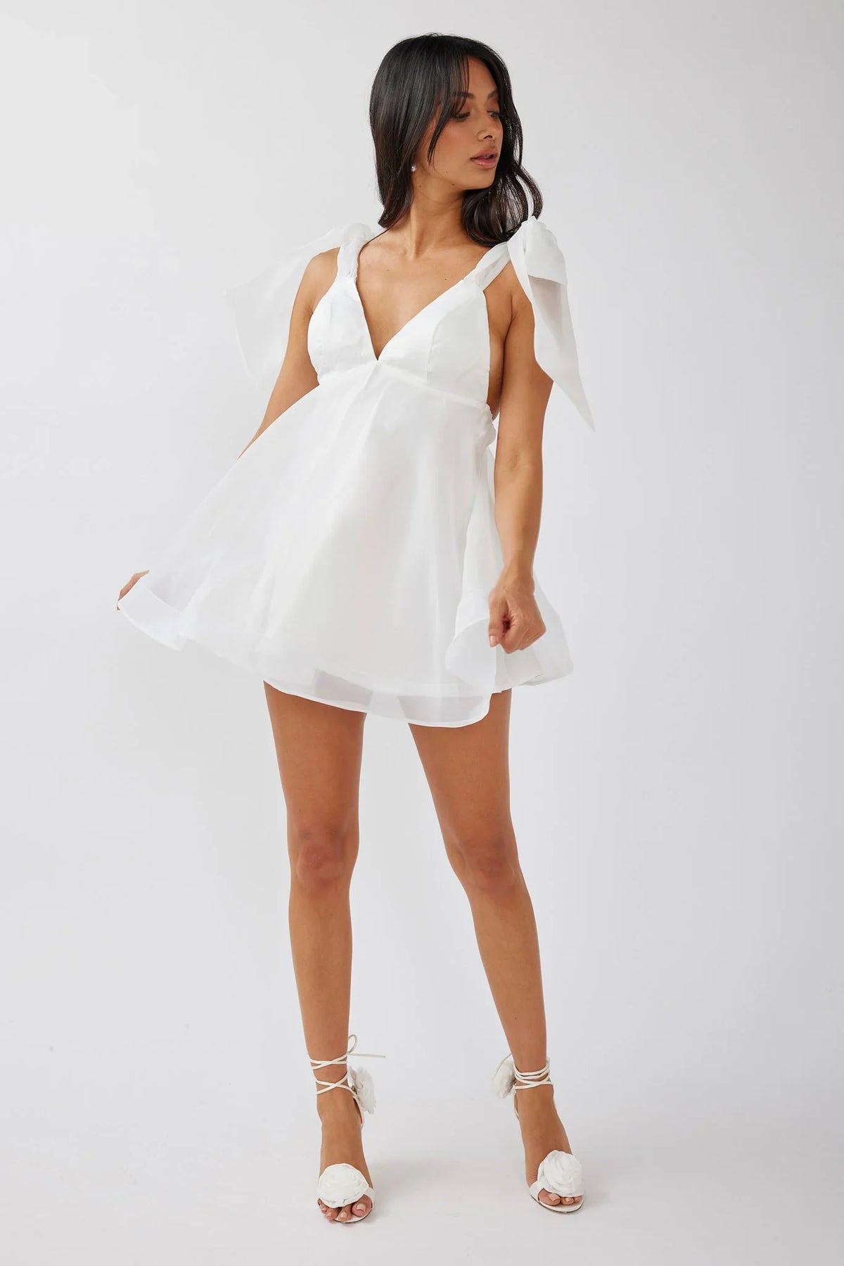 Chantilly Tied Shoulder Mini Dress Solid White