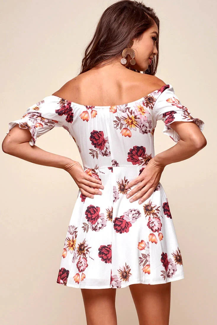 Hera Off the Shoulder Fit and Flare Floral Dress White