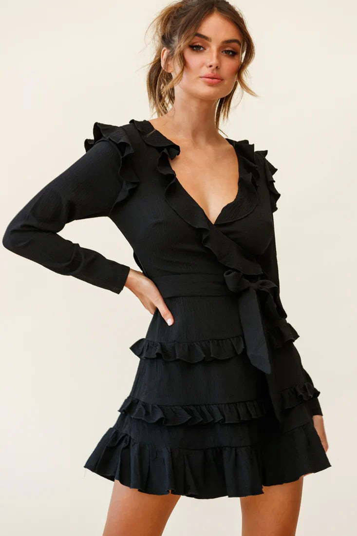 Jemirah Ruffle-Trimmed Long Sleeve Frill Dress Black