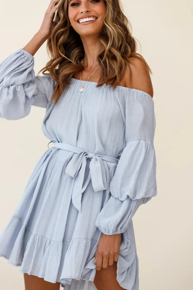 Frida Off-Shoulder Waist Tie Dress Grey