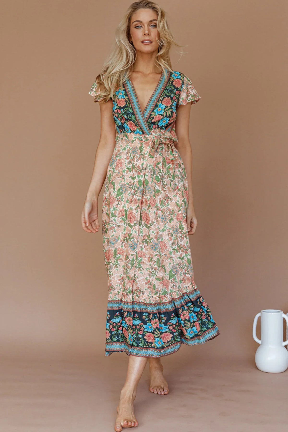 Mayan Angel Sleeve Wrap Midi Dress Floral Nude