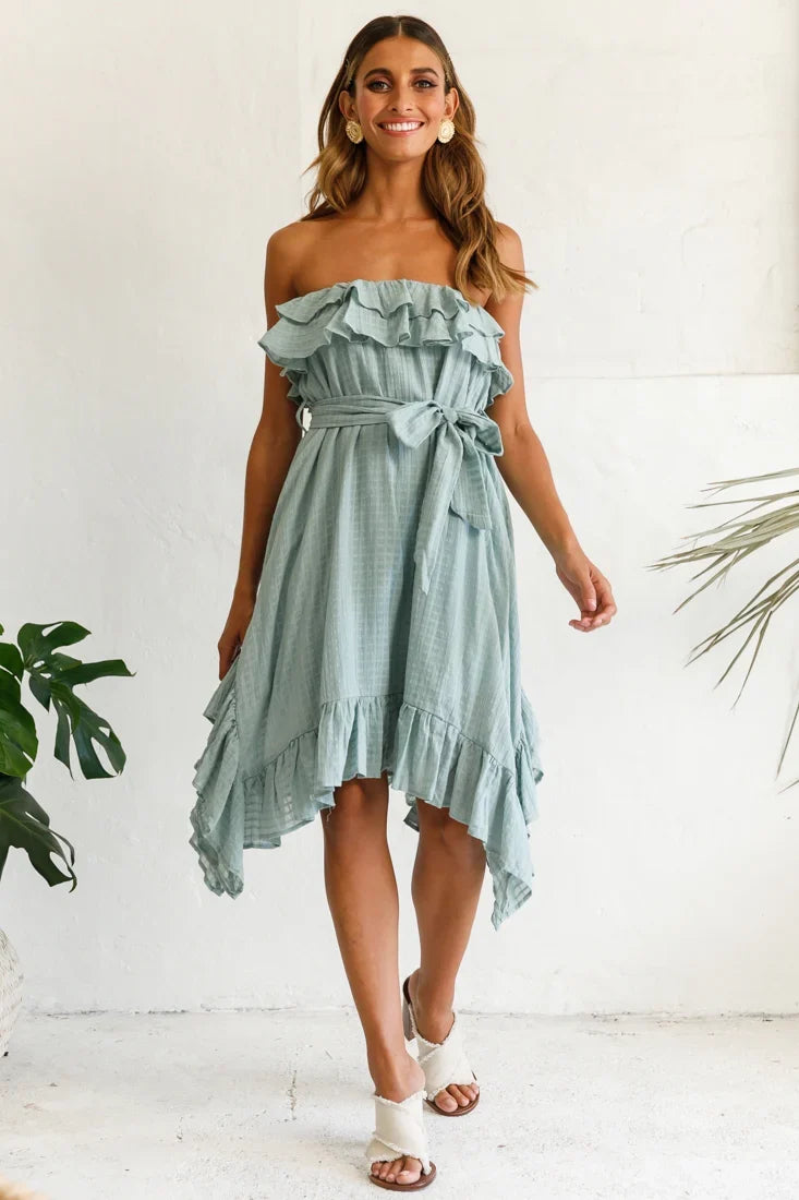 Miffy Double Frill Strapless Midi Dress Sage