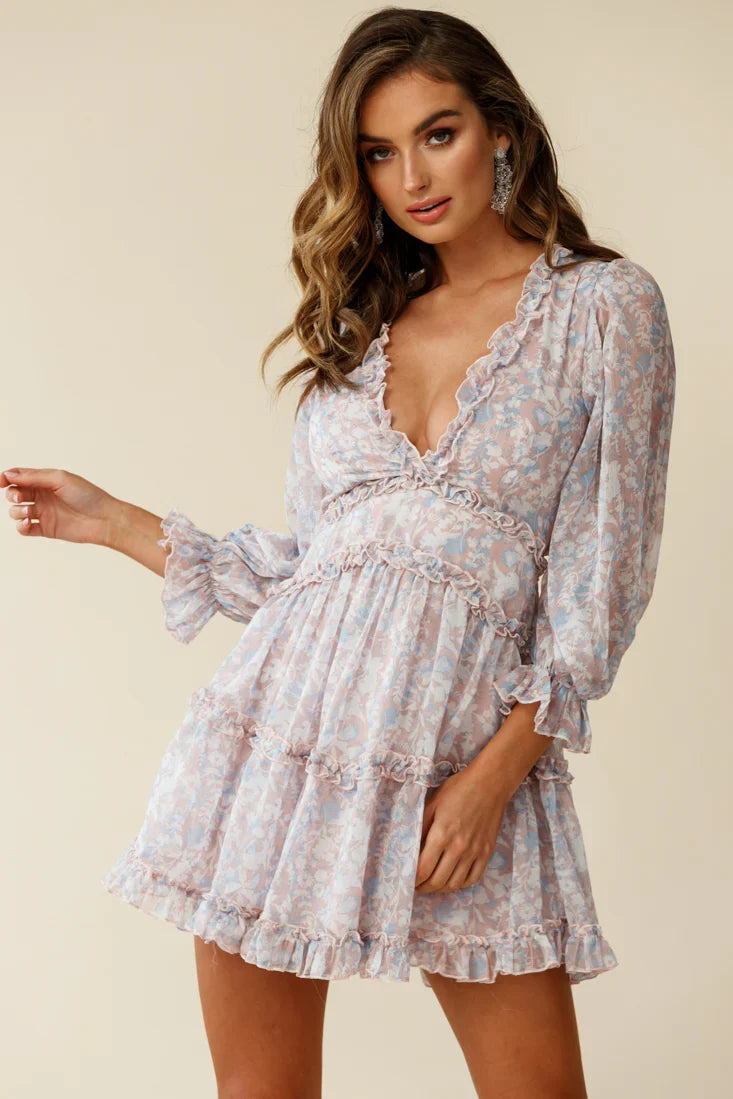 Laney Cutout Back Ruffle Trim Dress Floral Print Pink/Blue