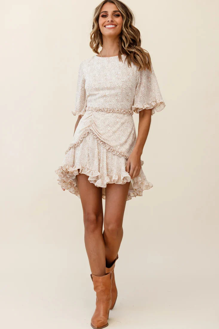 Leona Half Sleeve Frill Trim Dress Floral Print Beige