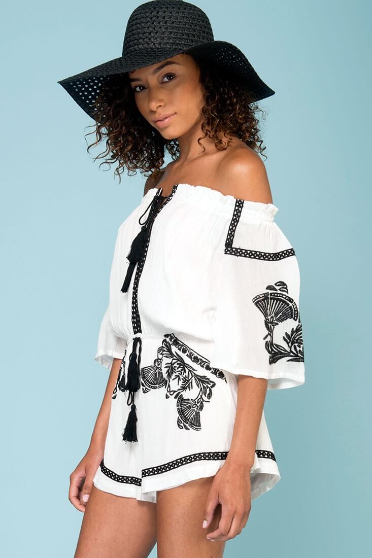 Gabriella Embroidered Tassel Romper White