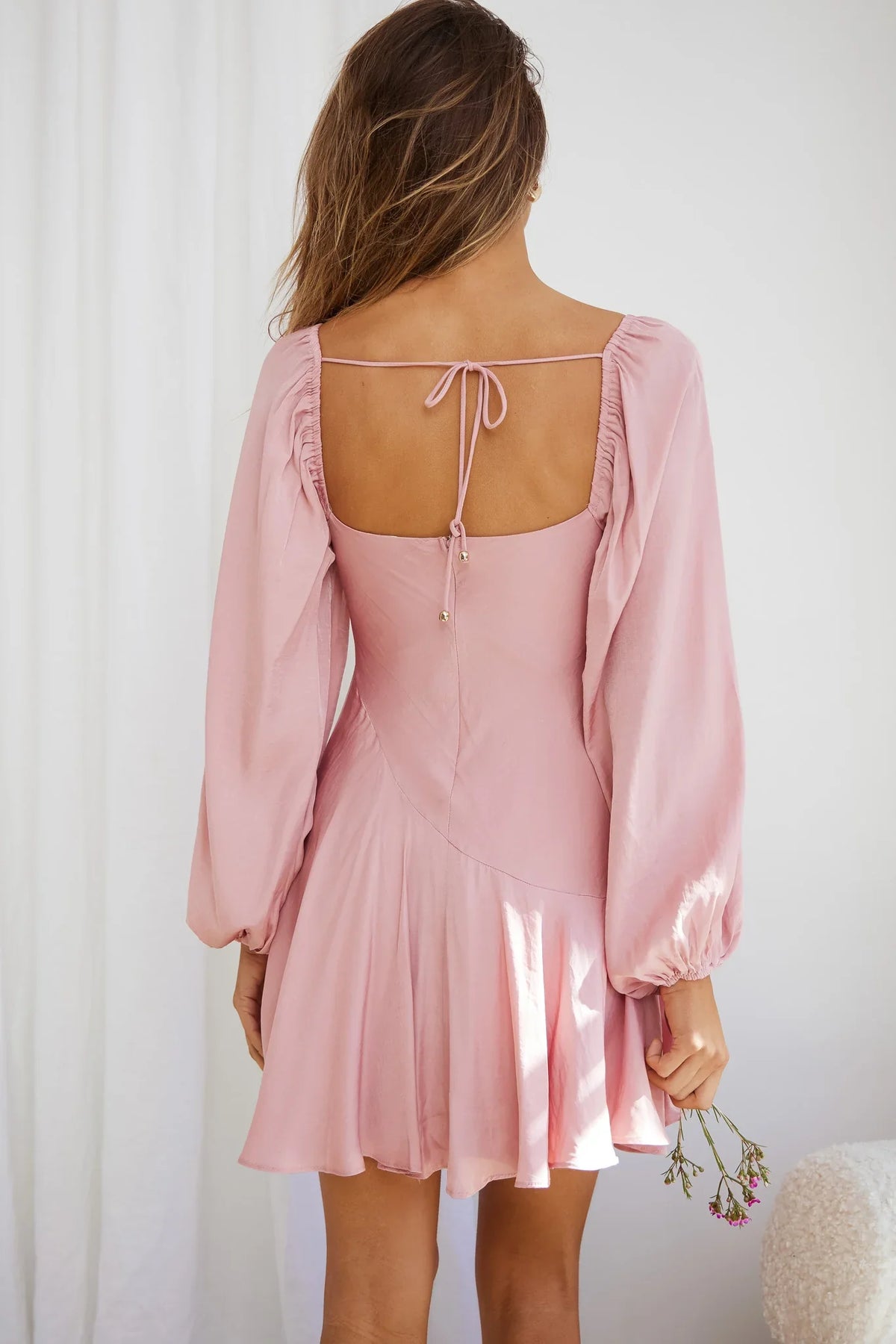 Beaujolais Long Sleeve Cowl Neckline Ruffle Satin Mini Dress Blush
