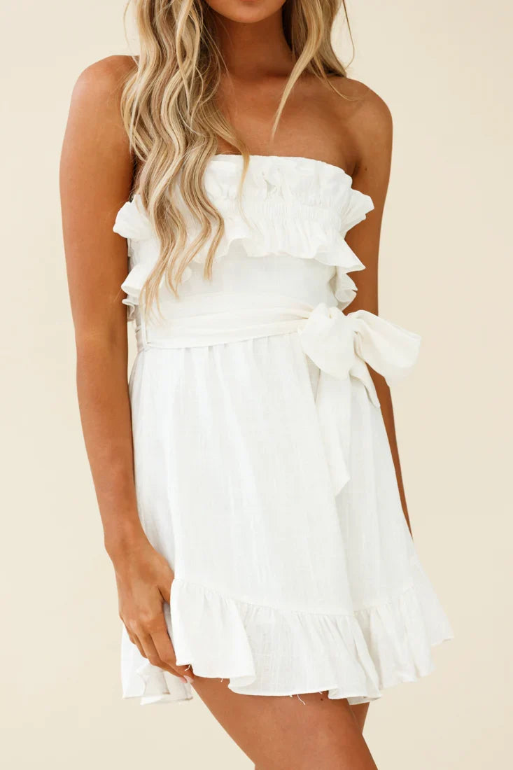 Dream All Day Shirred Ruffle Feature Strapless Dress White