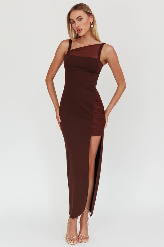 Zenya Split Ruched Maxi Dress Chocolate