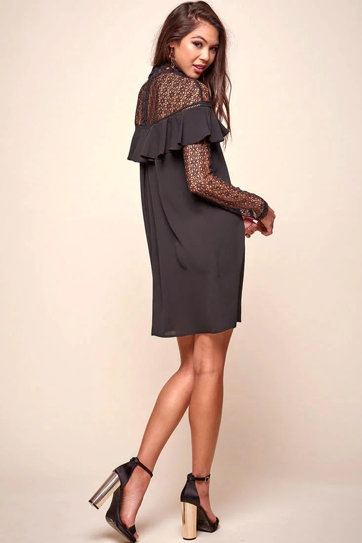 Mendes Lace Detailed High Neck Long Sleeved Dress Black