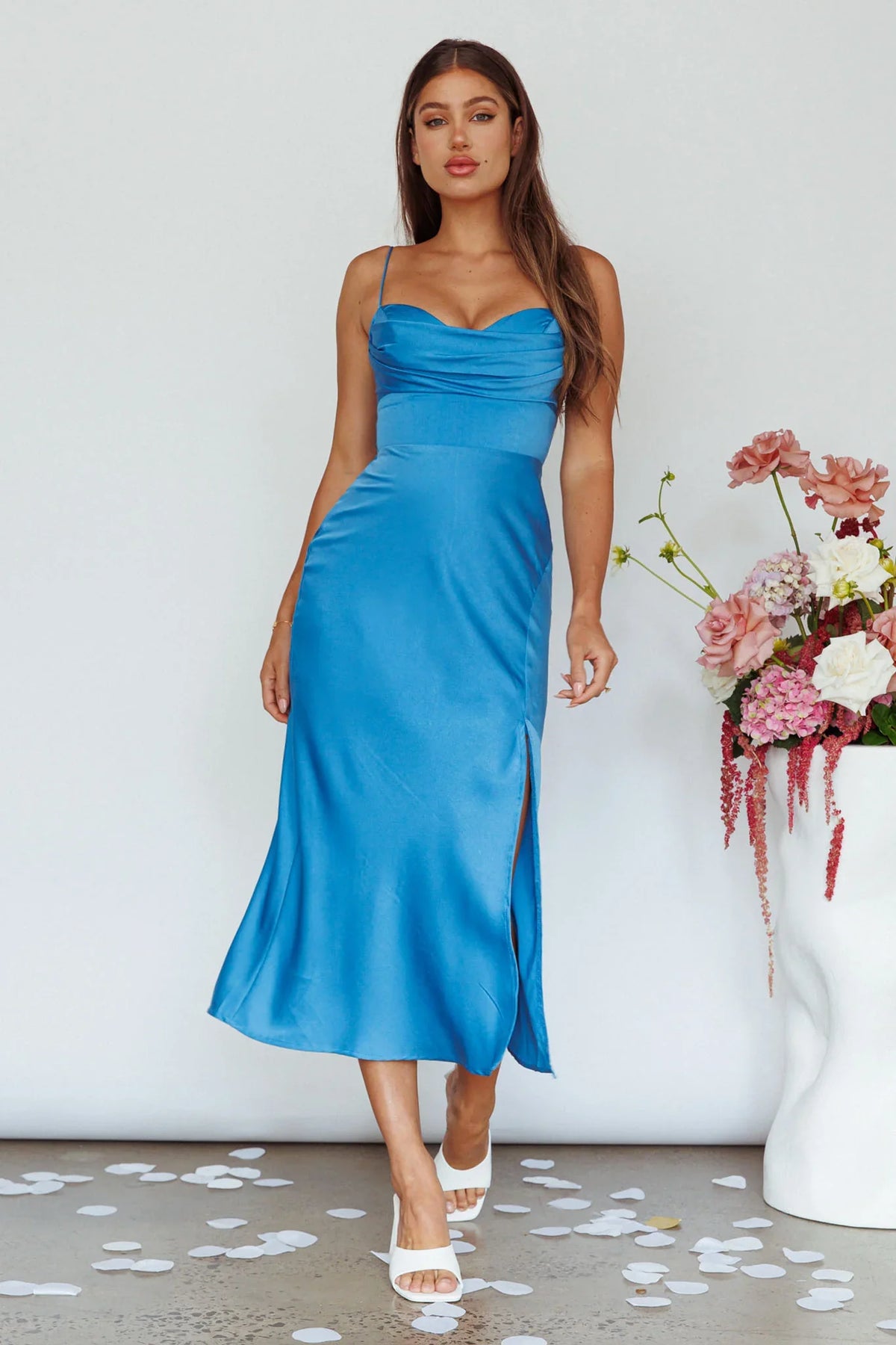 Giorgette Side Split Midi Dress Blue