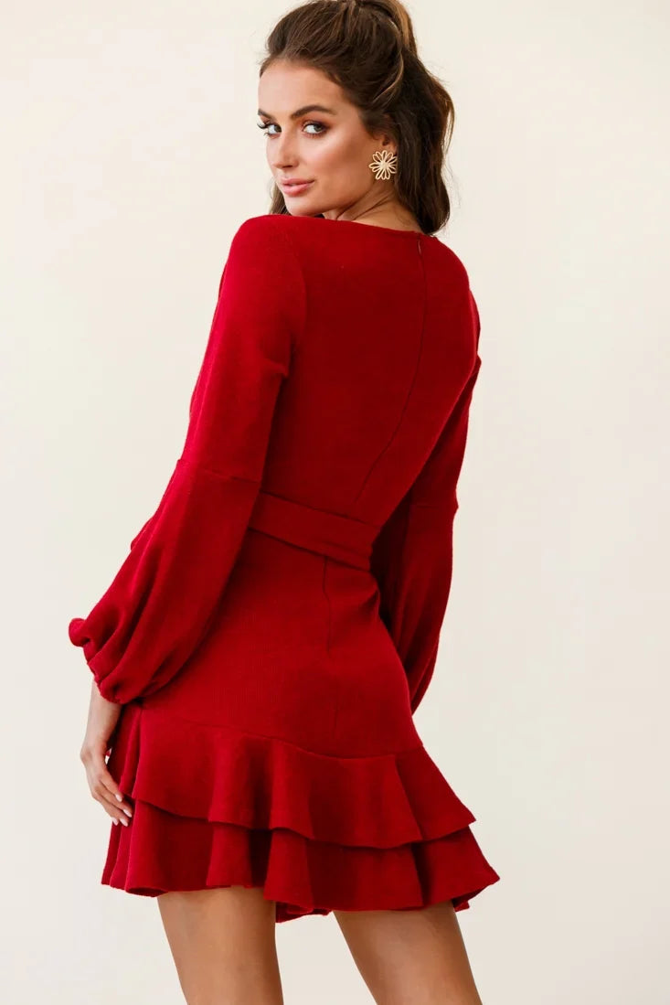 Dresden Long Sleeve Ruffle Detail Knit Dress Wine