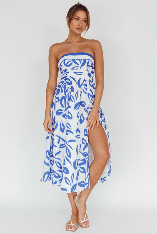 Randi Tie-Back Maxi Dress Leaf Print Blue