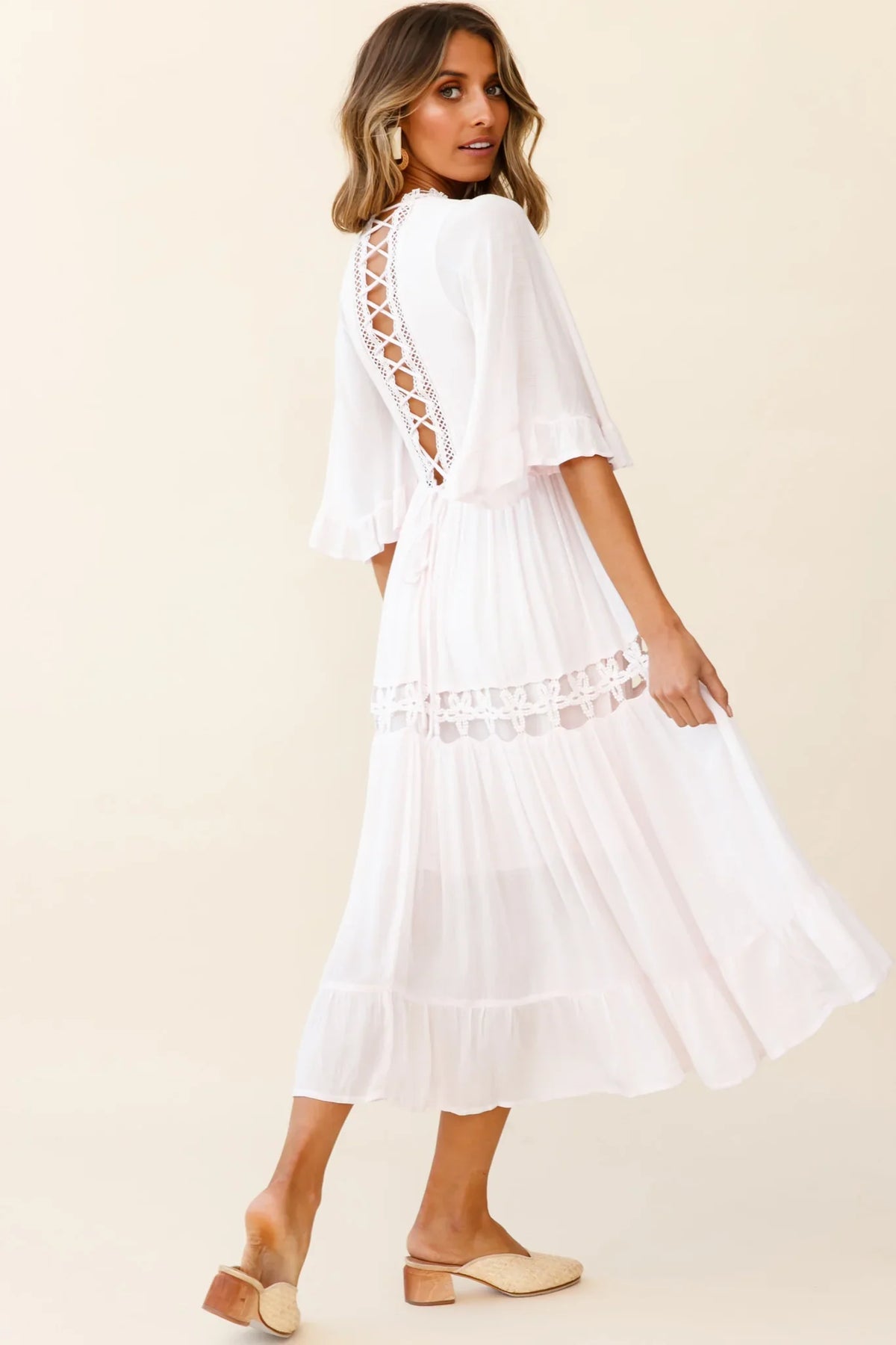 Feeling Groovy Bell Sleeve Crochet Trim Maxi Dress Pink
