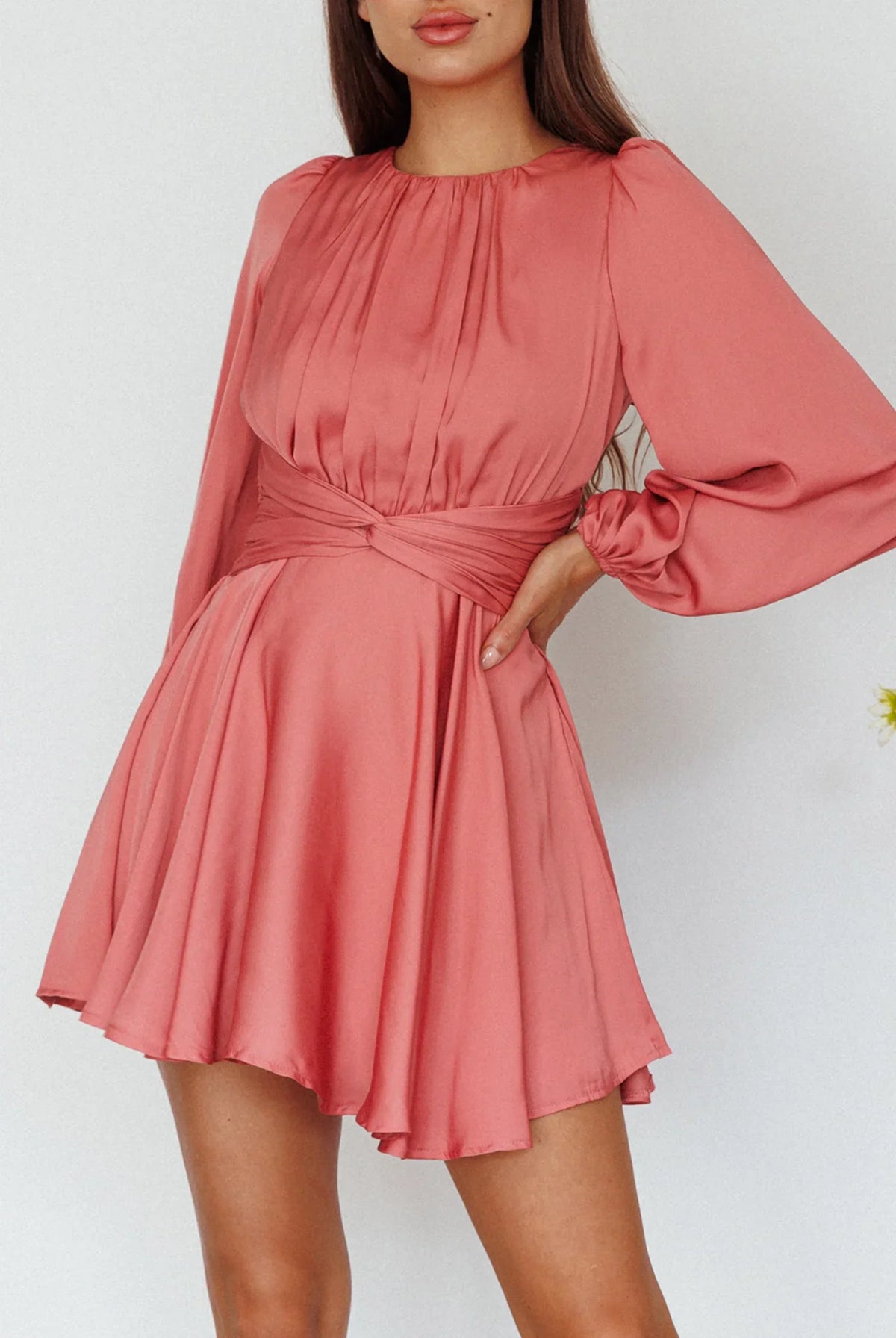 Leia Long Sleeve Waist Tie Mini Dress Rose