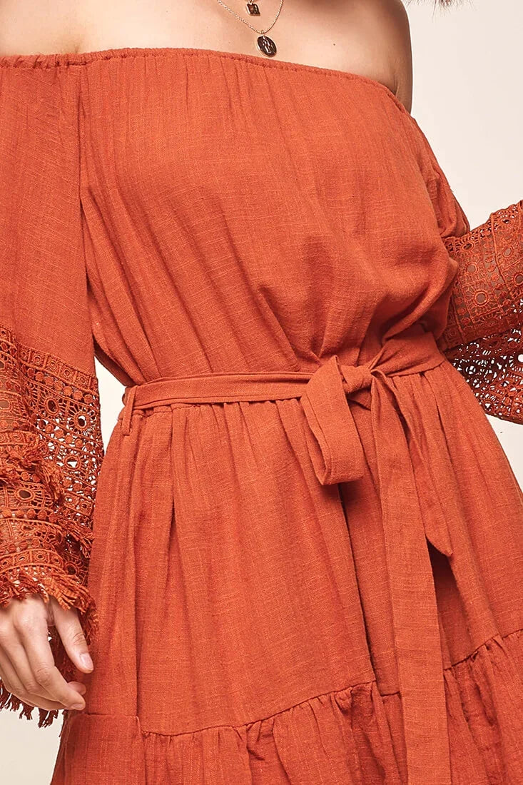 Mona Off-Shoulder Embellished Sleeve Dress Rust