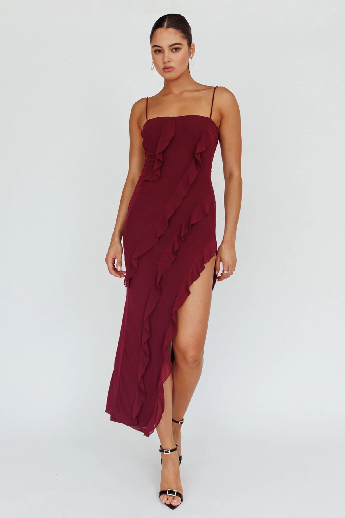 Catriona Split Ruffle Midi Dress Grape
