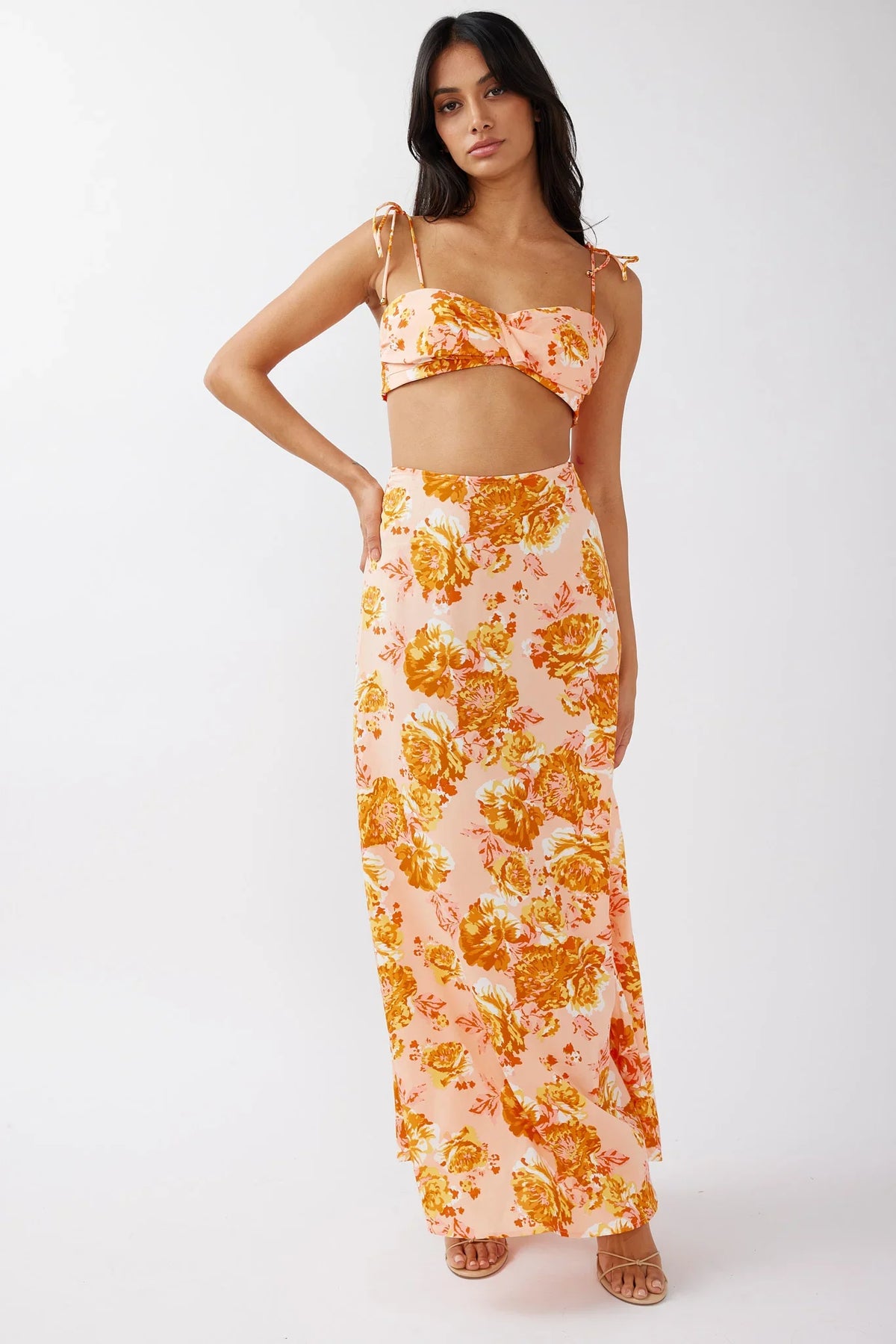Gabbi Tied Shoulder Crop Top Floral Orange