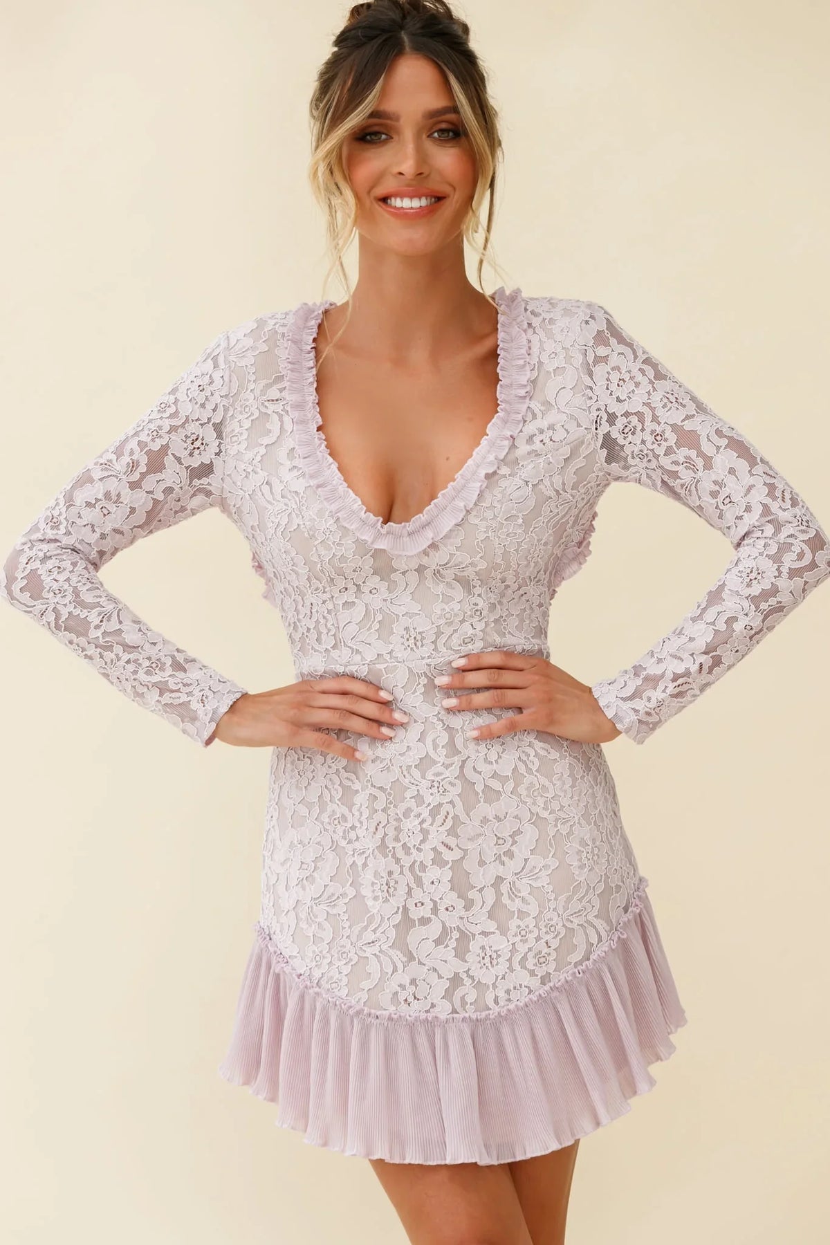 Isabella Long Sleeve Open Back Lace Dress Blush