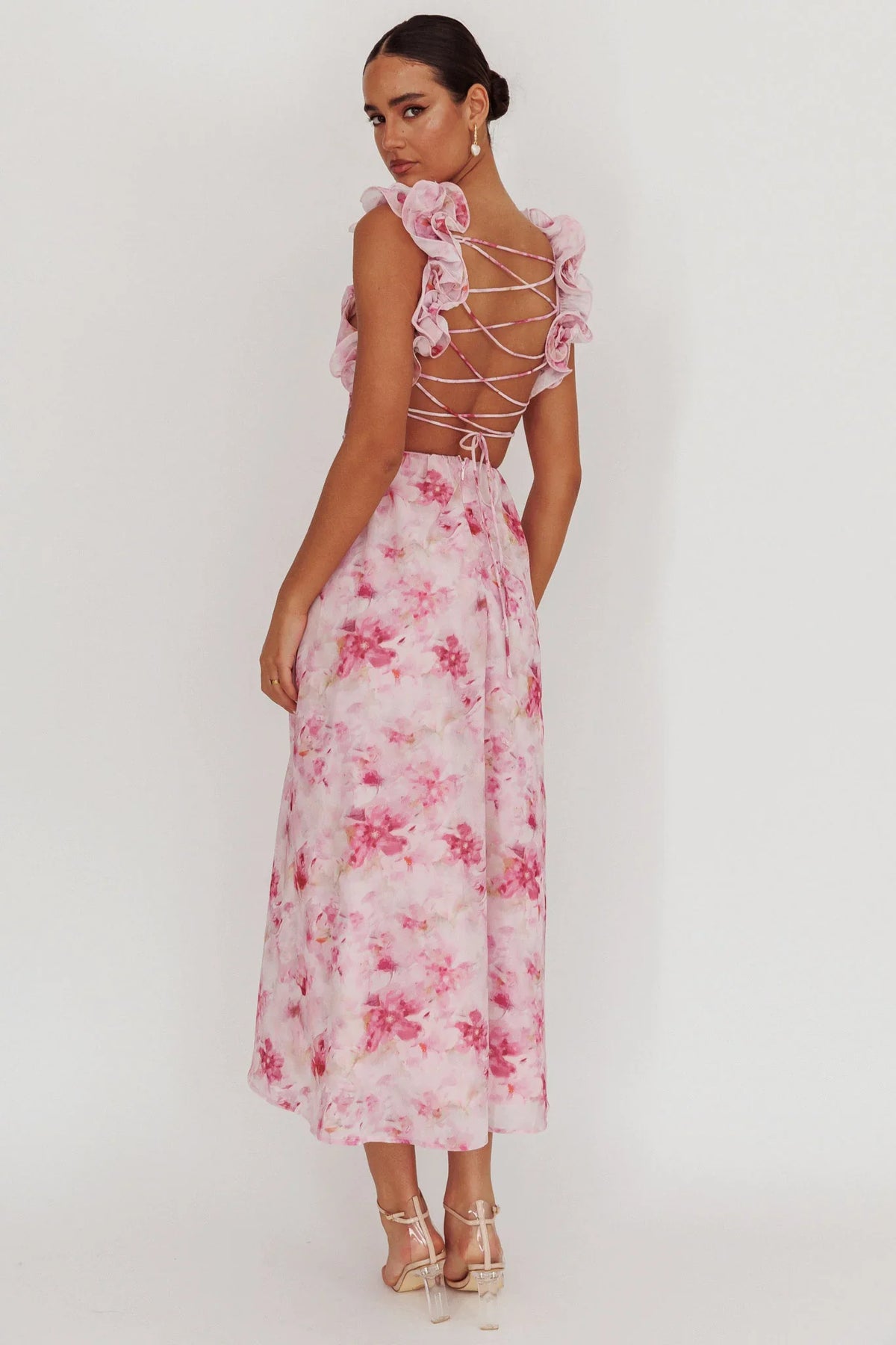 Madara Lace-Up Back Floral Maxi Dress Lilac