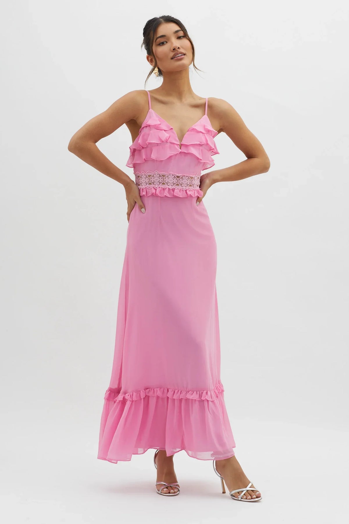 Spirited Ruffle Bust Maxi Dress Pink