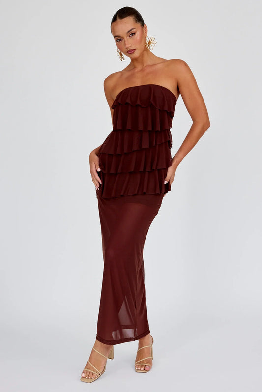 Crewe Strapless Ruffle Maxi Dress Chocolate