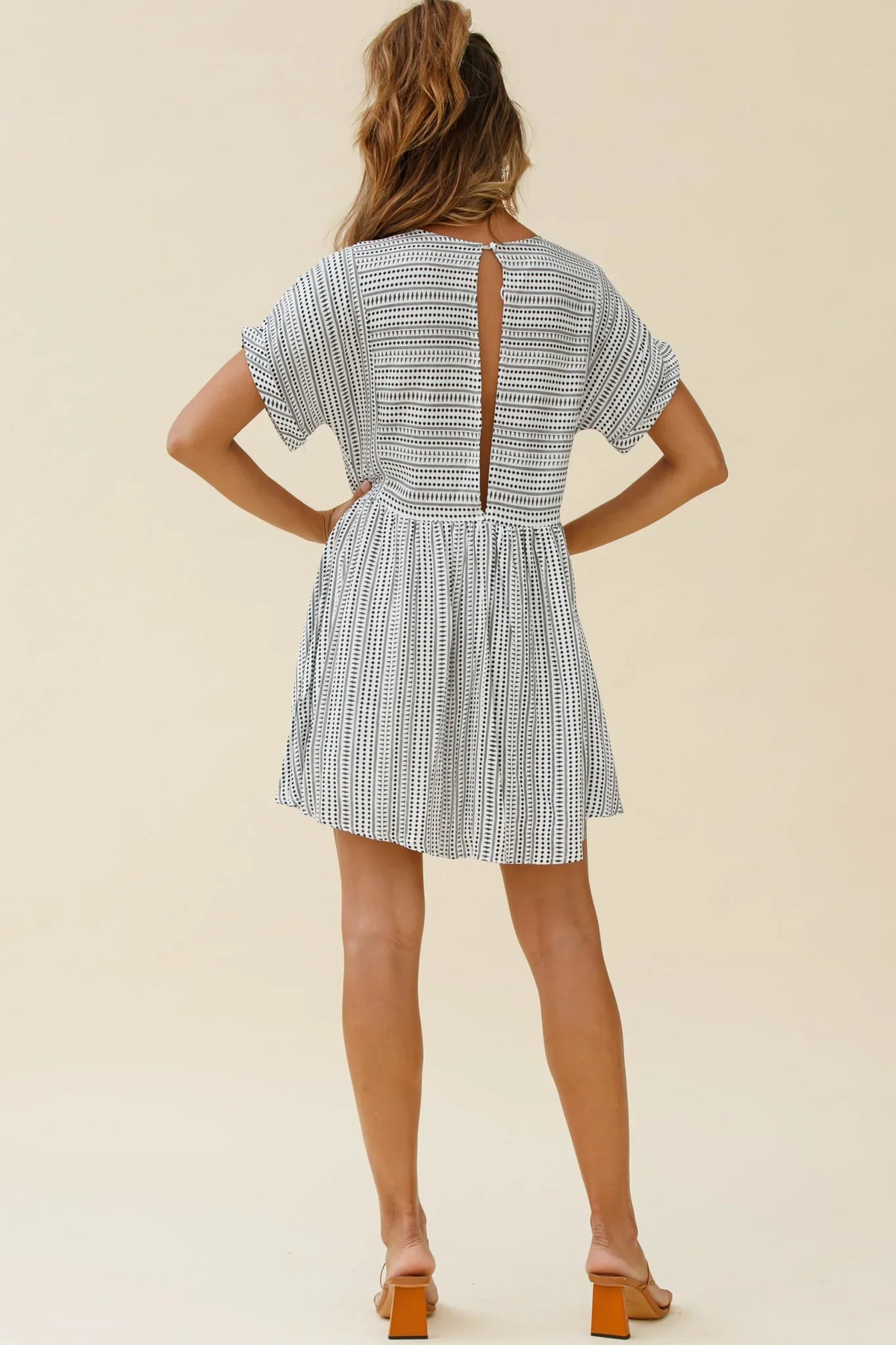 Susie Rolled Sleeve Crew Neck Swing Dress Stripe Pattern Black