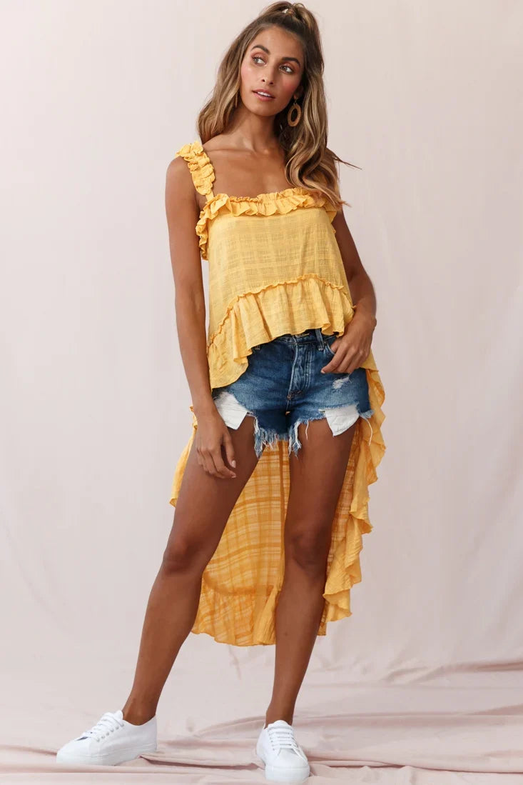 Jacinta High-Low Ruffle Strap Top Mustard