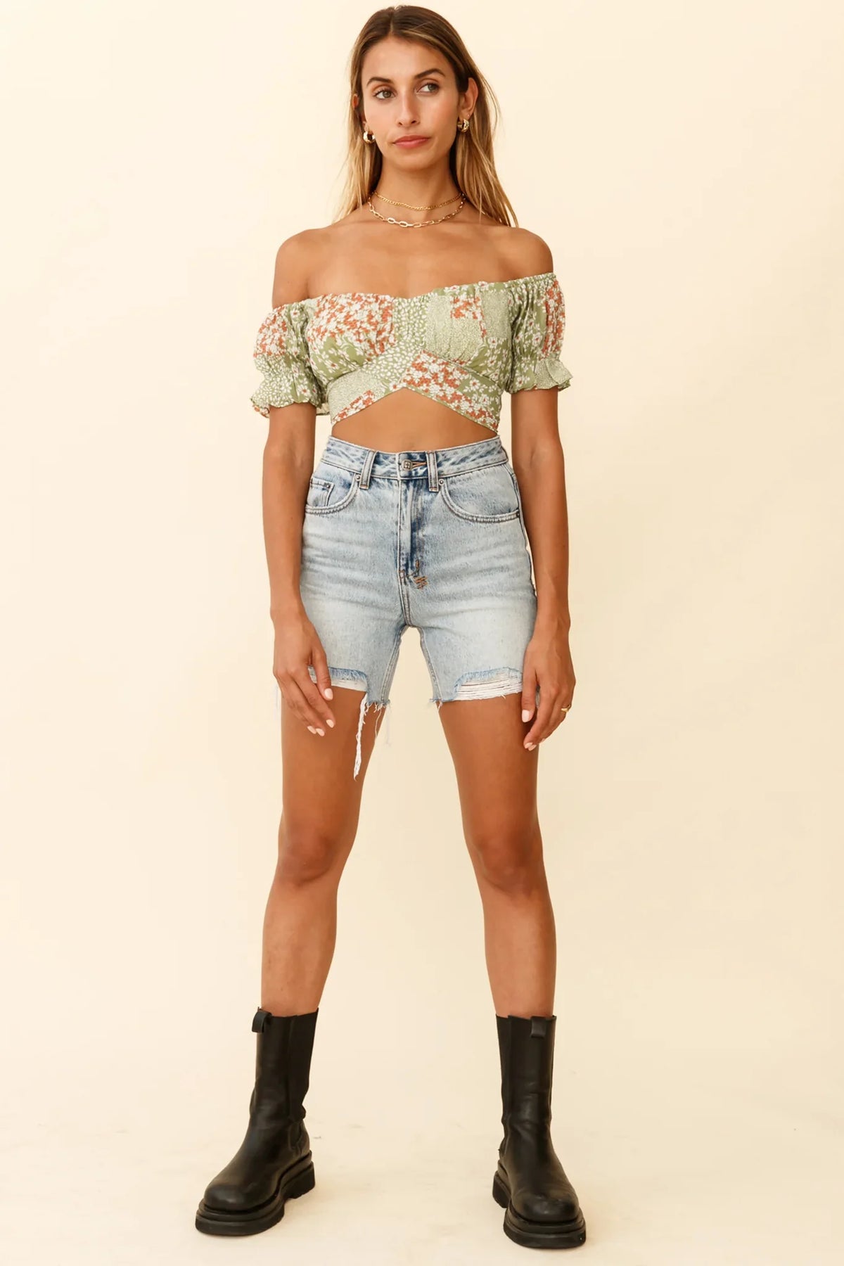 Linka Off-Shoulder Tie-Back Crop Top Mini Flower Print Green