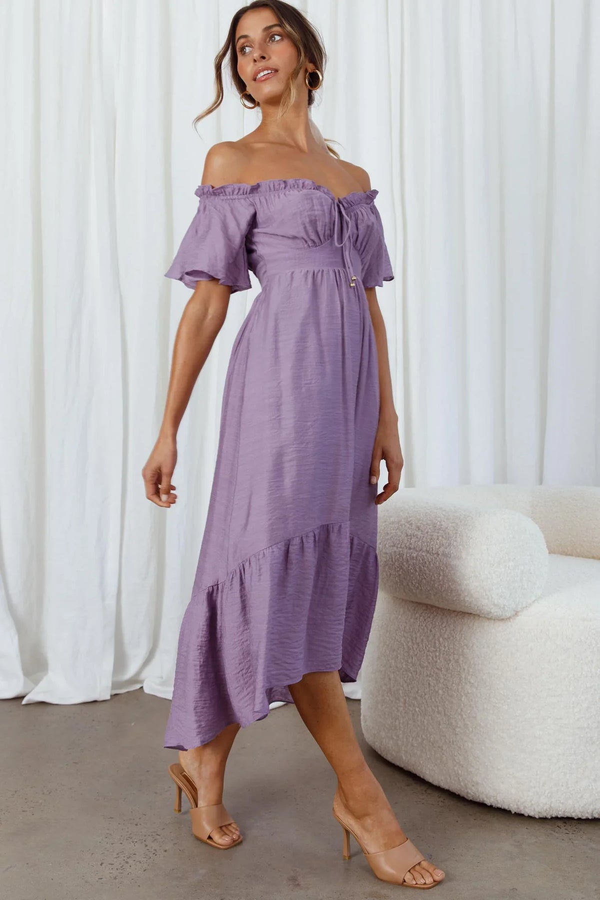 Dandelion Off-Shoulder Tied Back Midi Dress Purple