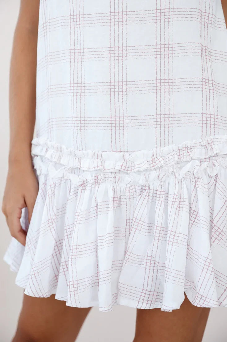 Zelda Dropped Waist Shift Dress Plaid Print White