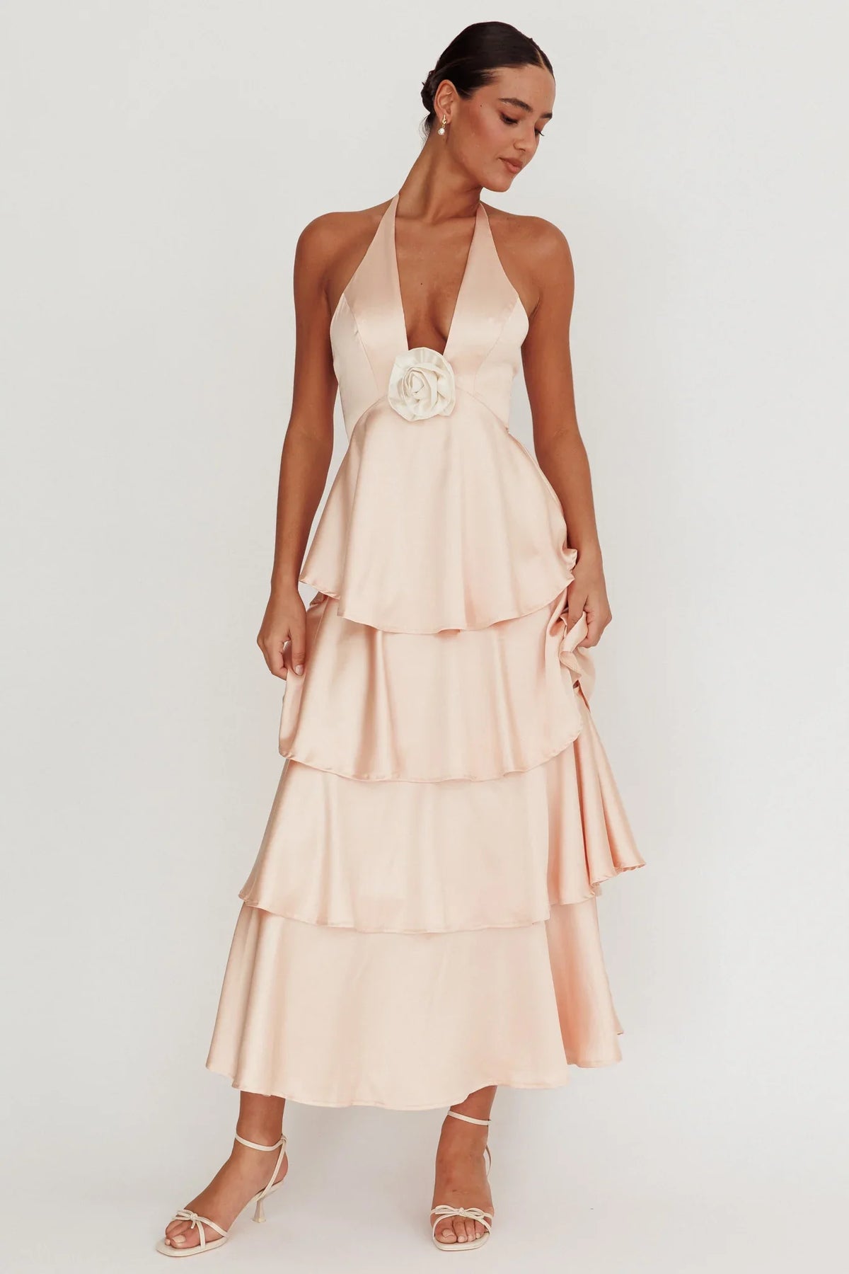 Catalina Tiered Ruffle Rosette Maxi Dress Peach