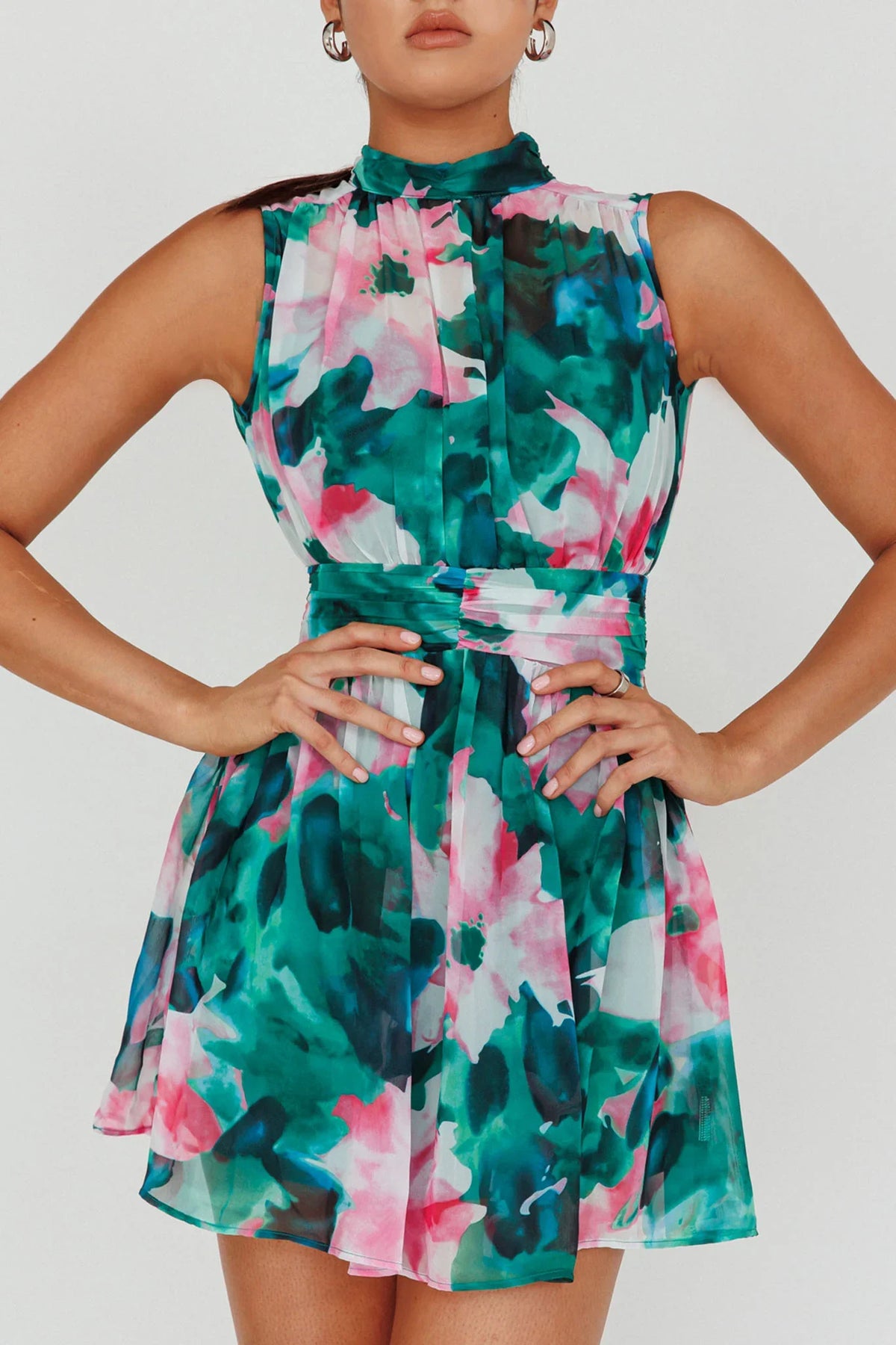 Mandalay High Neck Sleeveless Dress Floral Green