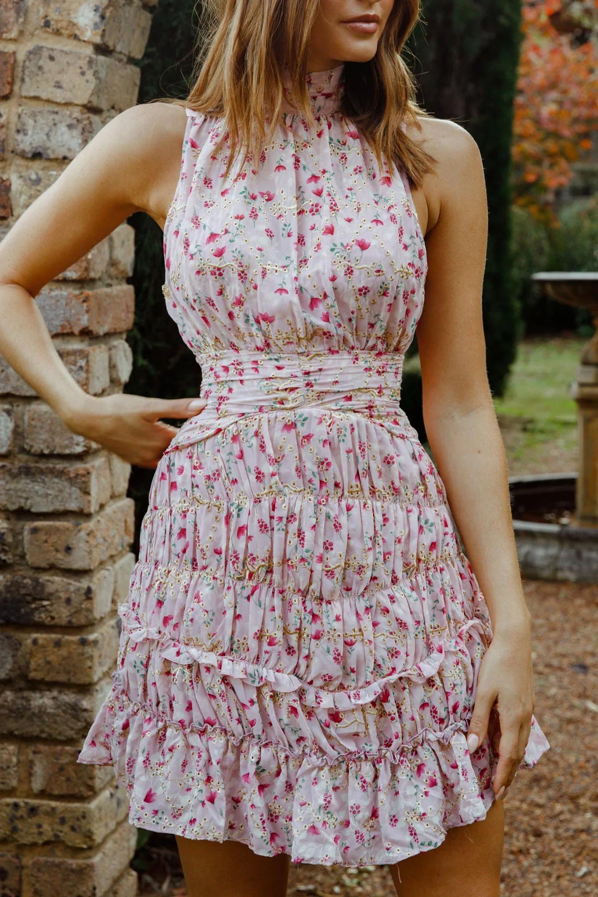 Mandalay High Neck Sleeveless Waistband Dress Floral Print Pink