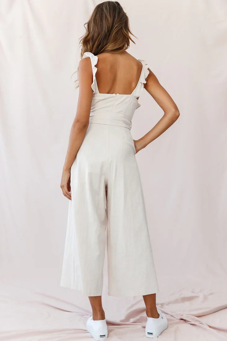 Kaia Ruffle Strap Wide-Leg Capri Jumpsuit Beige
