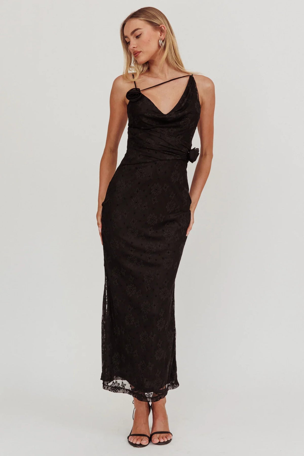 Golden Glow Rosette Cowl Neck Maxi Dress Black