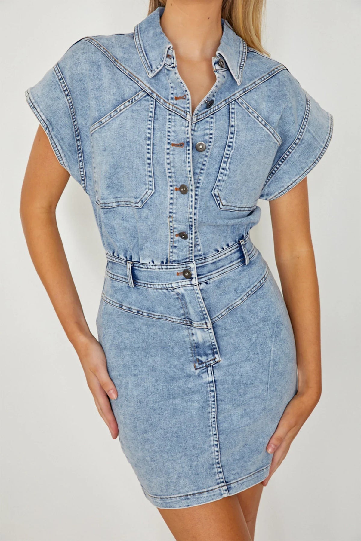 New Day Short Sleeve Button-Up Mini Dress Denim