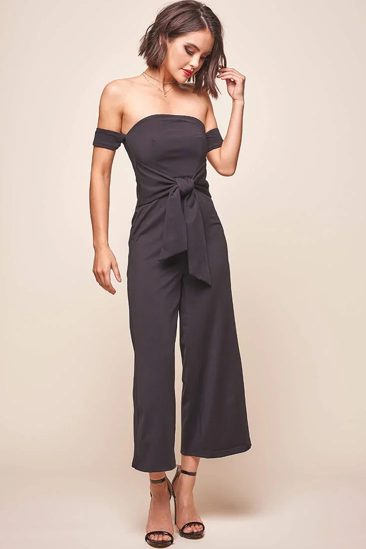 Joan Off Shoulder Waist Tie Wide Leg Jumpsuit Black