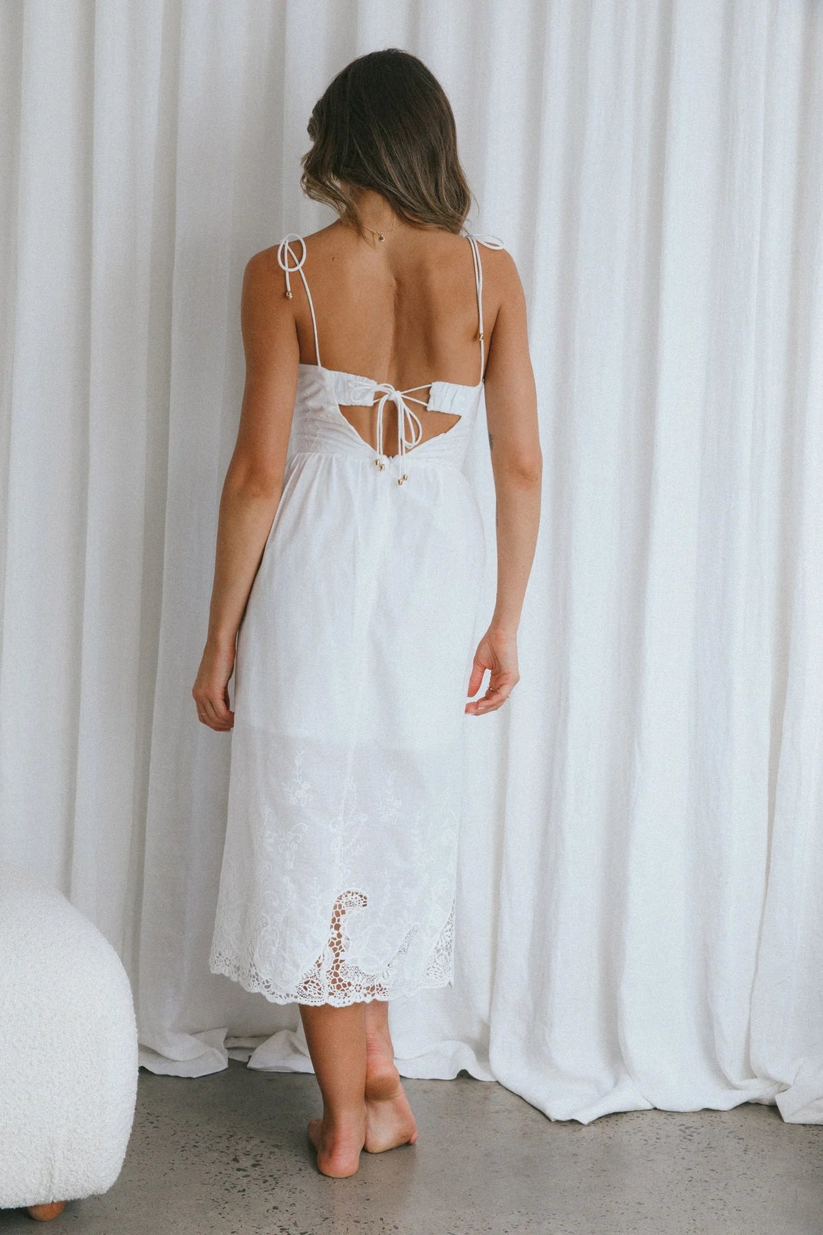 Lovers Lane Lace Trim Tied Strap Midi Dress White