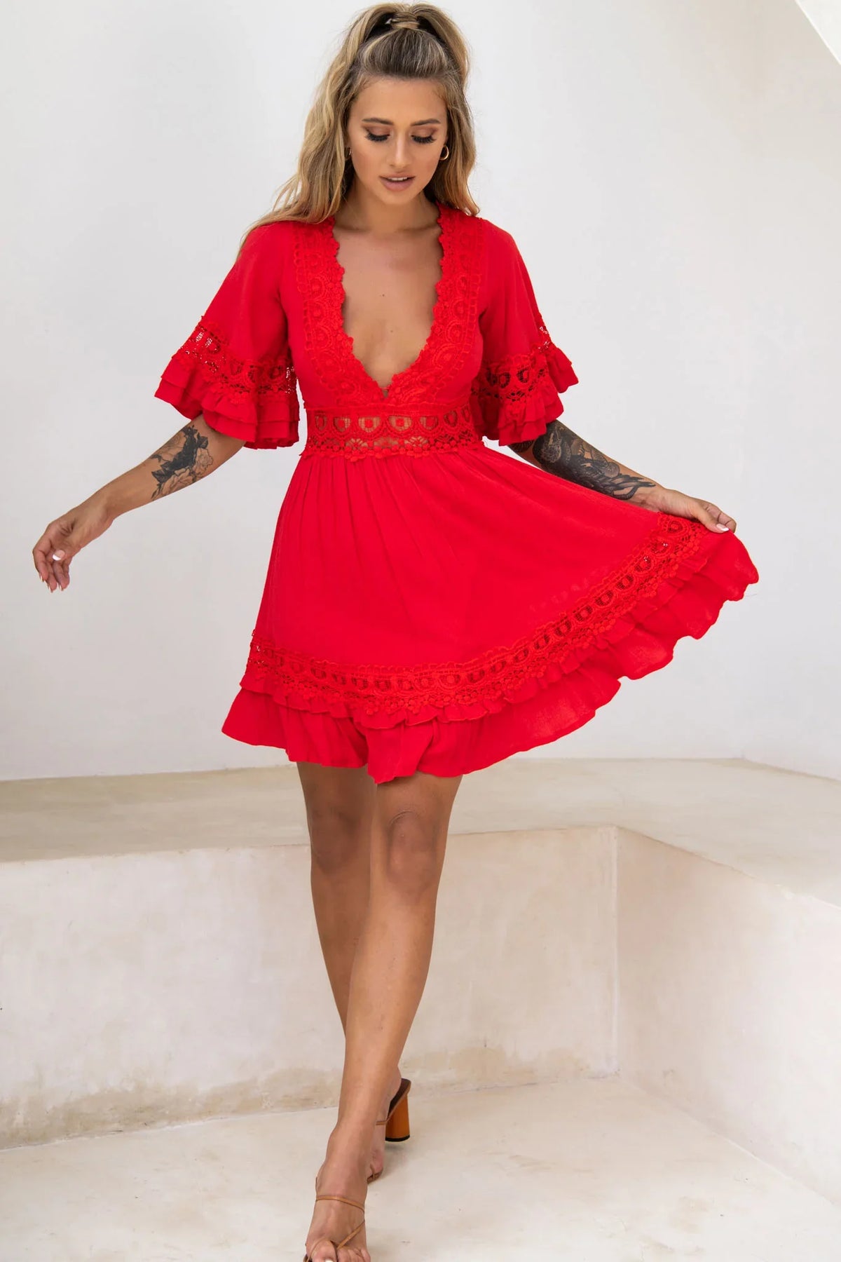 Kauai V-Neckline Crochet Lace Trim Dress Red