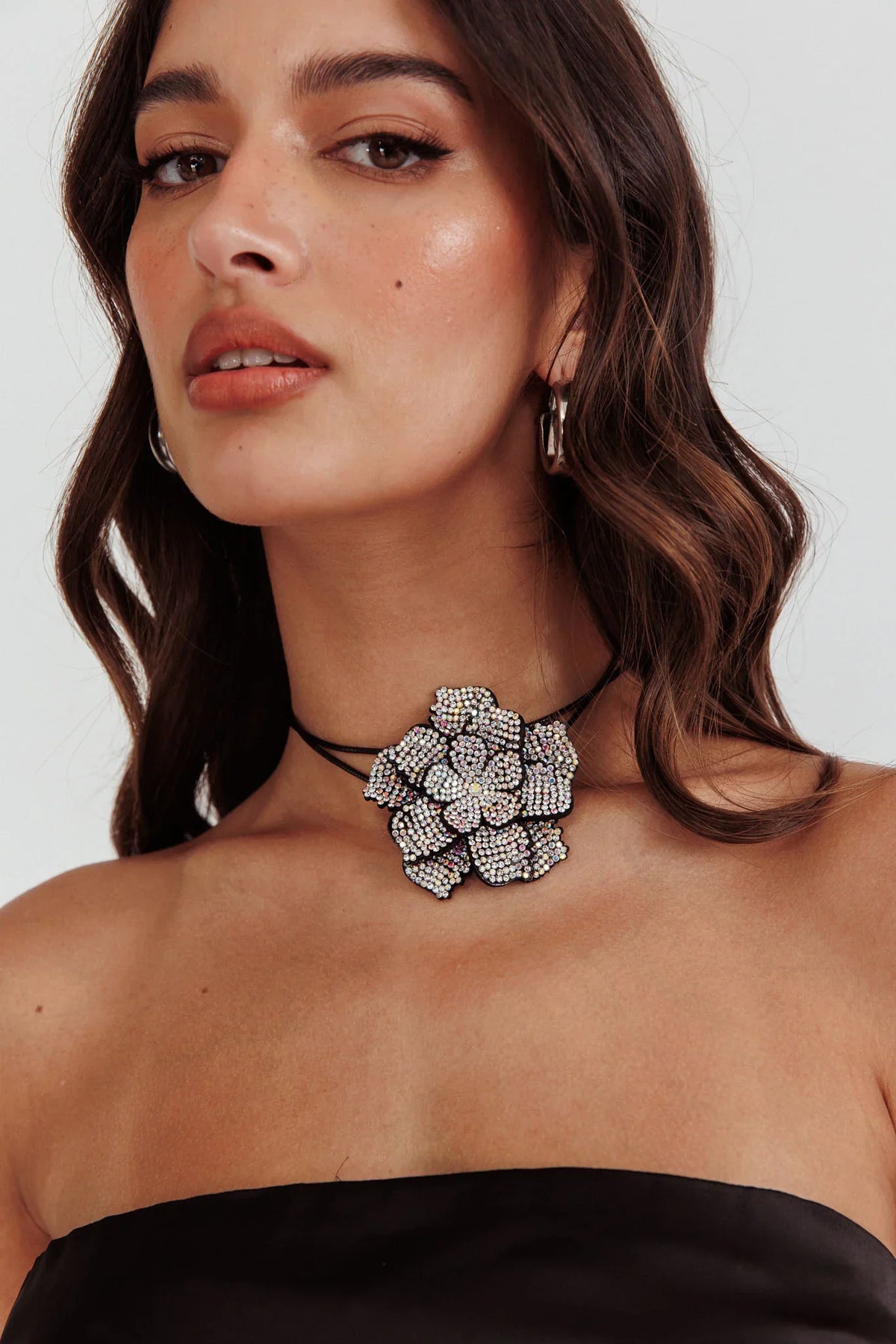 Magnolia Diamante Flower Choker Necklace Black